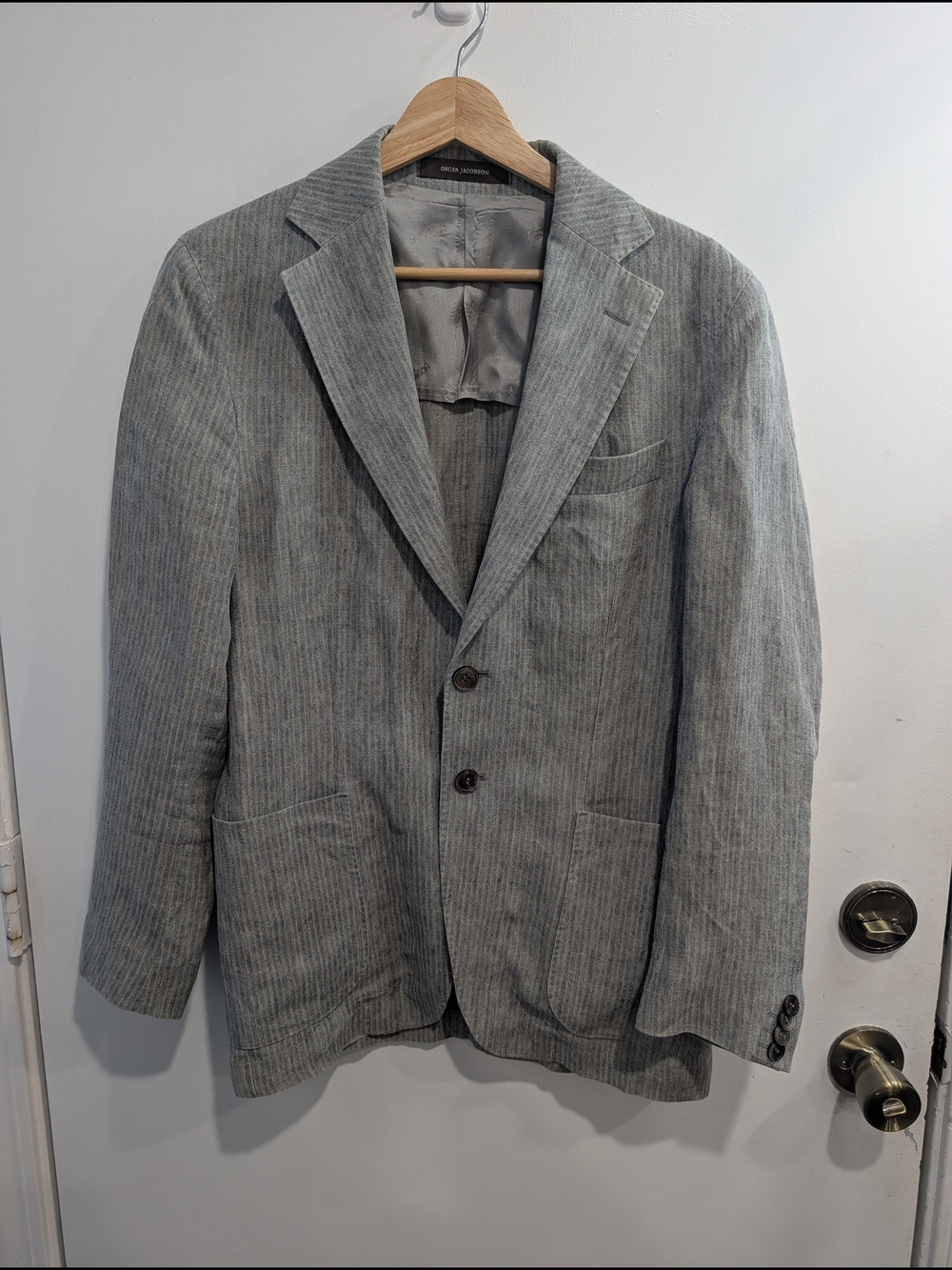 Oscar Jacobson Epic 100% Linen Blazer Gray Pinstripe Unstructured Sport Coat 44